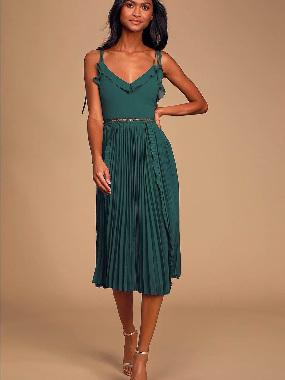 Never a Dull Moment Emerald Green Tie-Strap Pleated Midi Dress